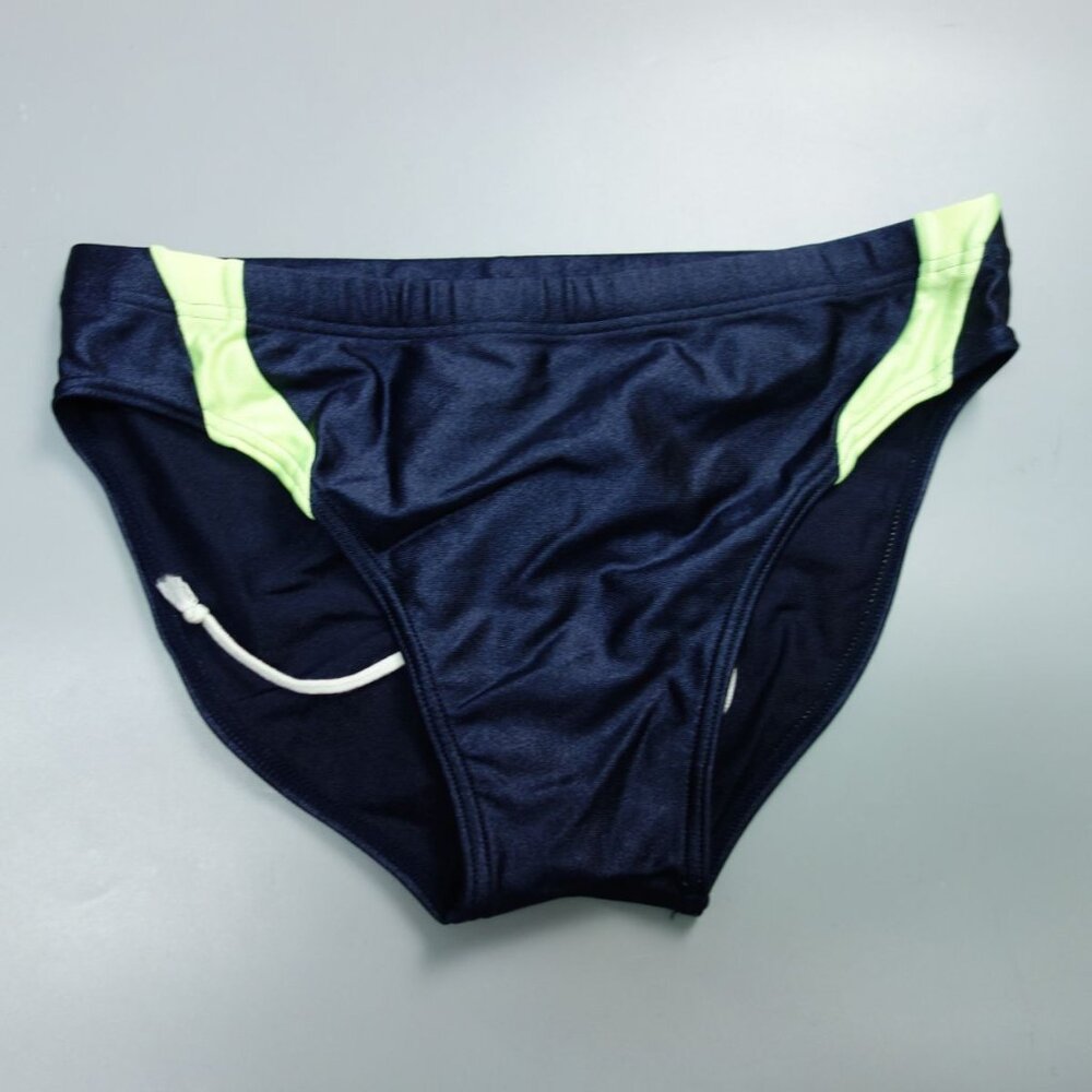 VINTAGE HEAD SPORTS SWIM BRIEF NAVY BLUE W/ YELLOW & TEXT, SIZE M" (Pre-Owned)